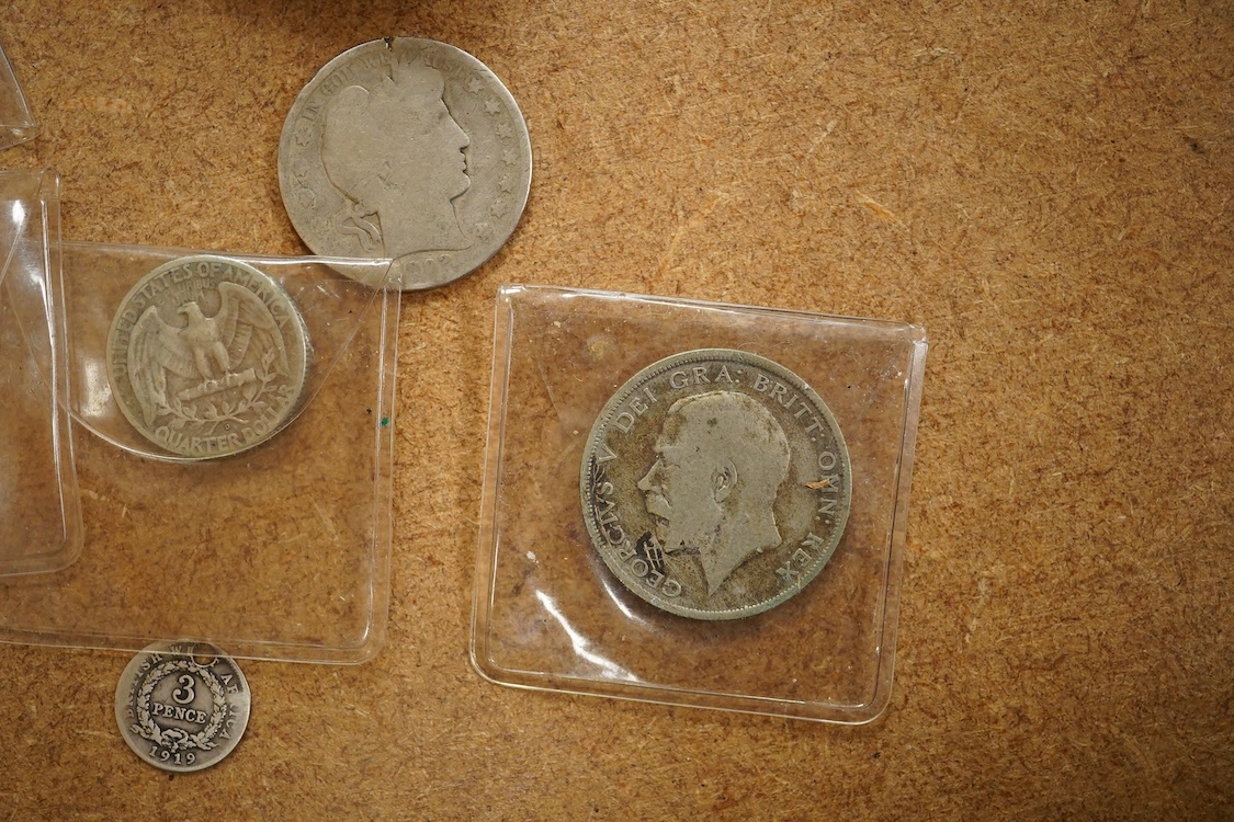 A small collection of silver coins and medals to include George III crown, 1820, Usa Morgan dollar, 1885, Edward VII florin, 1909, two George VI coronation medals in original boxes etc